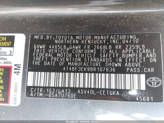 45961862 :رقم المزاد ، 4T4BF3EK8BR107636 vin ، 2011 Toyota Camry Xle مزاد بيع