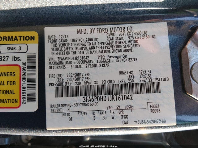 Продаж на аукціоні авто 2018 Ford Fusion Se, vin: 3FA6P0HD1JR161042, номер лоту: 45961867
