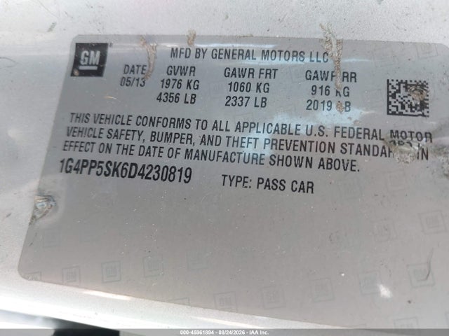 2013 Buick Verano მანქანა იყიდება აუქციონზე, vin: 1G4PP5SK6D4230819, აუქციონის ნომერი: 45961894
