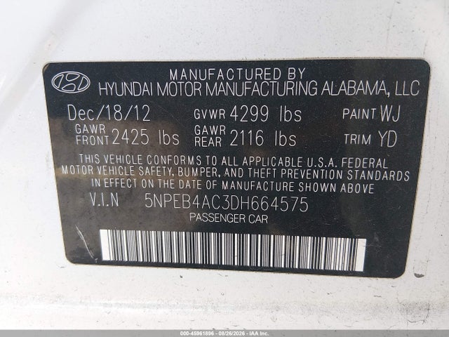 Aukcja sprzedaży 2013 Hyundai Sonata Gls, vin: 5NPEB4AC3DH664575, numer aukcji: 45961896