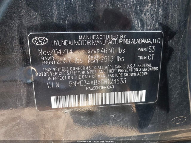 45961898 :رقم المزاد ، 5NPE34ABXFH124633 vin ، 2015 Hyundai Sonata Limited 2.0t مزاد بيع