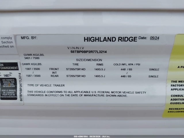 2024 Highland Ridge Go Play მანქანა იყიდება აუქციონზე, vin: 58TBP0BP2R77L3214, აუქციონის ნომერი: 45961904