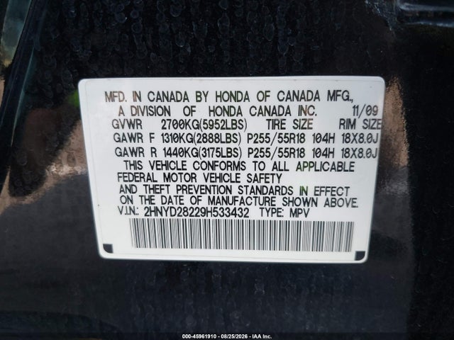 45961910 :رقم المزاد ، 2HNYD28229H533432 vin ، 2009 Acura Mdx مزاد بيع