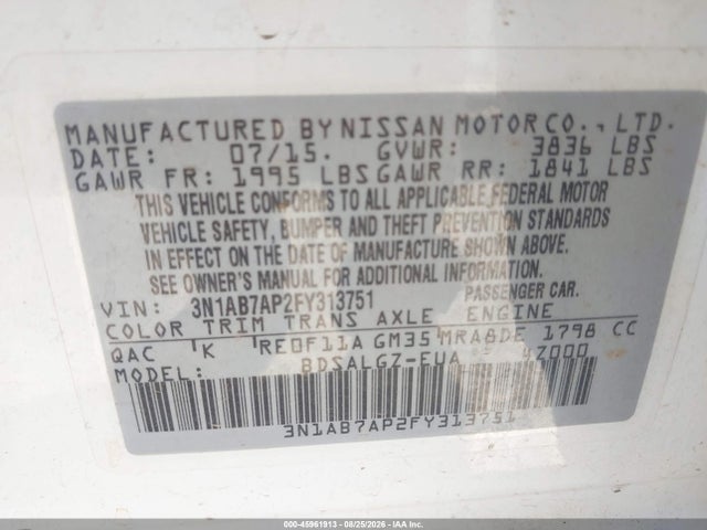45961913 :رقم المزاد ، 3N1AB7AP2FY313751 vin ، 2015 Nissan Sentra Sl مزاد بيع