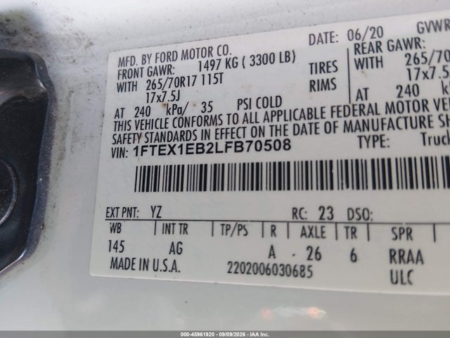 45961920 :رقم المزاد ، 1FTEX1EB2LFB70508 vin ، 2020 Ford F-150 Xl مزاد بيع