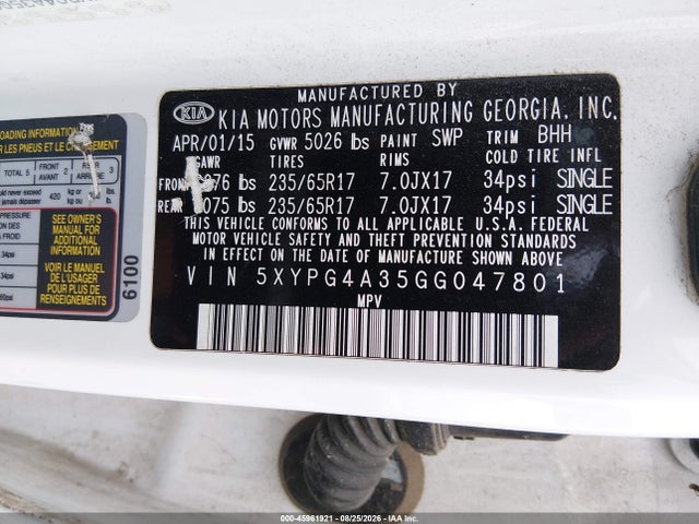 Aukcja sprzedaży 2016 Kia Sorento 2.4l Lx, vin: 5XYPG4A35GG047801, numer aukcji: 45961921