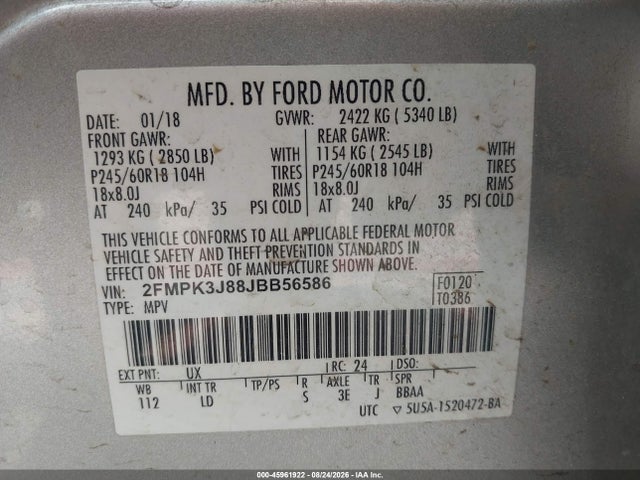 Продажа на аукционе авто 2018 Ford Edge Sel, vin: 2FMPK3J88JBB56586, номер лота: 45961922