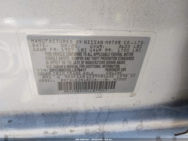 Nissan Versa S Xtronic Cvt 2020 3N1CN8DV2LL879417 Image 9