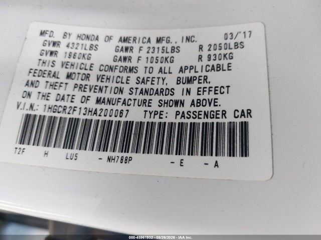 Продажа на аукционе авто 2017 Honda Accord Sport Se, vin: 1HGCR2F13HA200067, номер лота: 45961932
