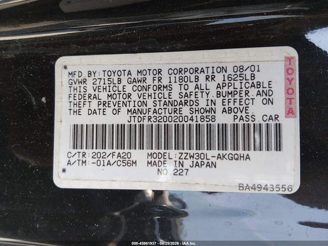 Продаж на аукціоні авто 2002 Toyota Mr2 Spyder, vin: JTDFR320020041858, номер лоту: 45961937