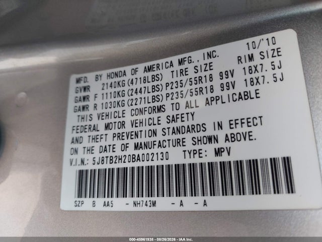 Продажа на аукционе авто 2011 Acura Rdx, vin: 5J8TB2H20BA002130, номер лота: 45961938