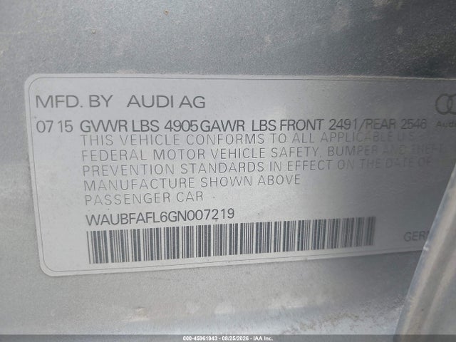 45961943 :رقم المزاد ، WAUBFAFL6GN007219 vin ، 2016 Audi A4 Premium مزاد بيع