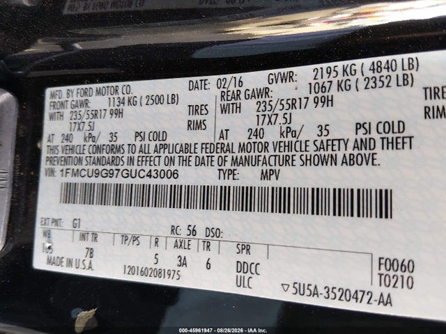 Ford ESCAPE SE 2016 1FMCU9G97GUC43006 Image 9