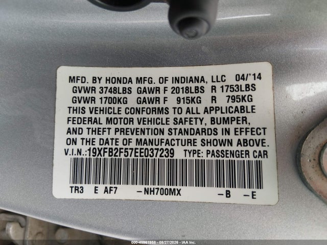 Aukcja sprzedaży 2014 Honda Civic Lx, vin: 19XFB2F57EE037239, numer aukcji: 45961958