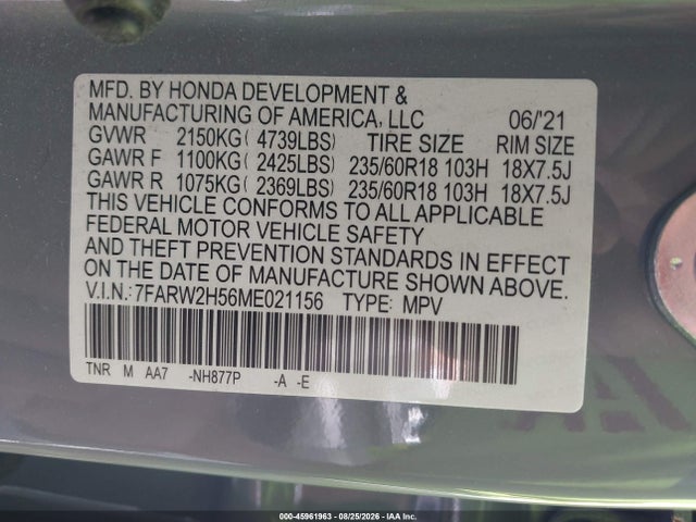 Продаж на аукціоні авто 2021 Honda Cr-v Awd Ex, vin: 7FARW2H56ME021156, номер лоту: 45961963