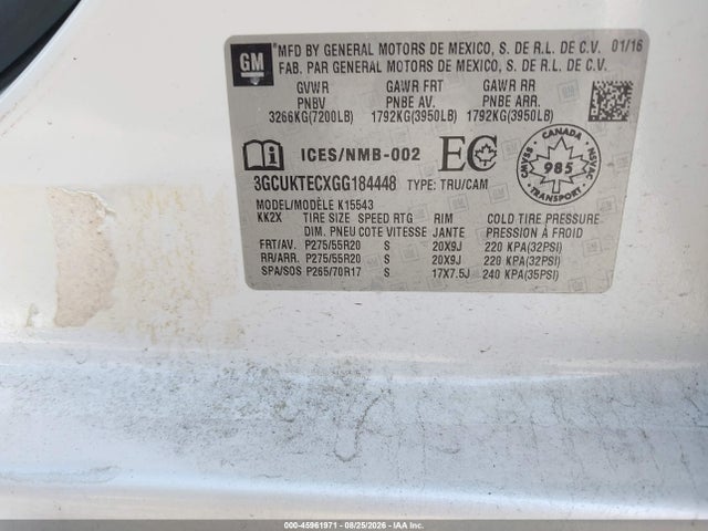Aukcja sprzedaży 2016 Chevrolet Silverado 1500 High Country, vin: 3GCUKTECXGG184448, numer aukcji: 45961971