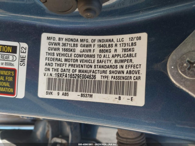 2009 Honda Civic Lx მანქანა იყიდება აუქციონზე, vin: 19XFA16529E004636, აუქციონის ნომერი: 45961981