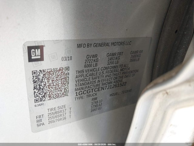 Продажа на аукционе авто 2018 Chevrolet Colorado Lt, vin: 1GCGTCEN7J1261522, номер лота: 45961996