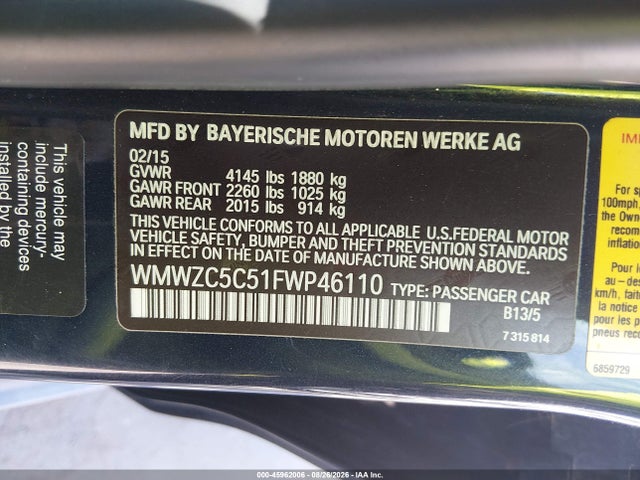 Aukcja sprzedaży 2015 Mini Countryman Cooper S, vin: WMWZC5C51FWP46110, numer aukcji: 45962006