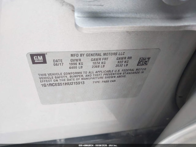 Aukcja sprzedaży 2017 Chevrolet Volt Lt, vin: 1G1RC6S51HU215913, numer aukcji: 45962024