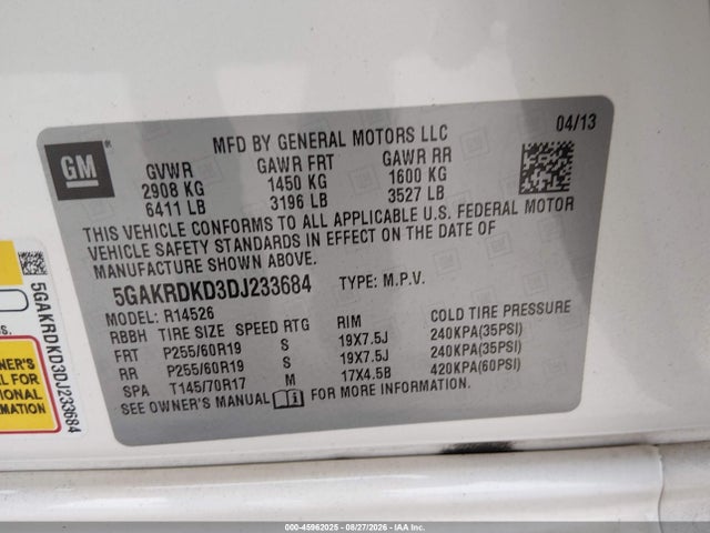 2013 Buick Enclave Premium მანქანა იყიდება აუქციონზე, vin: 5GAKRDKD3DJ233684, აუქციონის ნომერი: 45962025