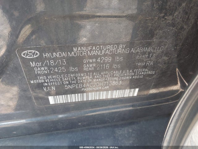 45962034 :رقم المزاد ، 5NPEB4AC2DH713863 vin ، 2013 Hyundai Sonata Gls مزاد بيع