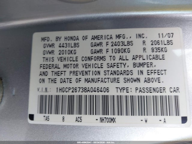 45962041 :رقم المزاد ، 1HGCP26738A046406 vin ، 2008 Honda Accord 2.4 Ex مزاد بيع