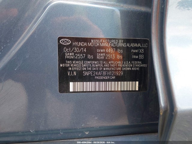2015 Hyundai Sonata Se მანქანა იყიდება აუქციონზე, vin: 5NPE24AF8FH121929, აუქციონის ნომერი: 45962064