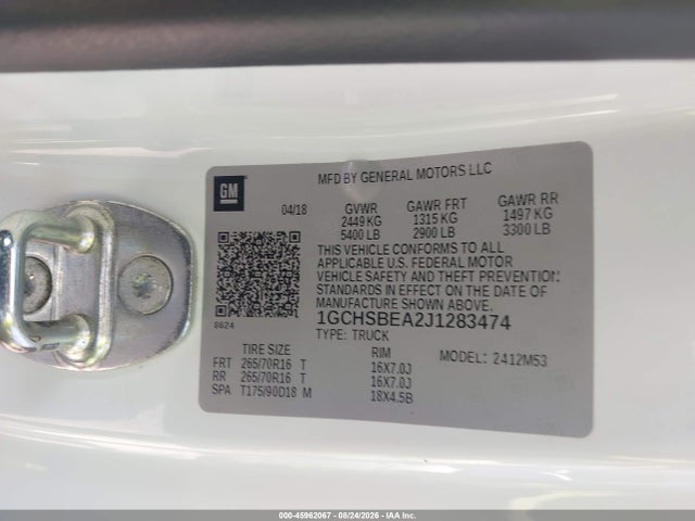 2018 Chevrolet Colorado Wt მანქანა იყიდება აუქციონზე, vin: 1GCHSBEA2J1283474, აუქციონის ნომერი: 45962067