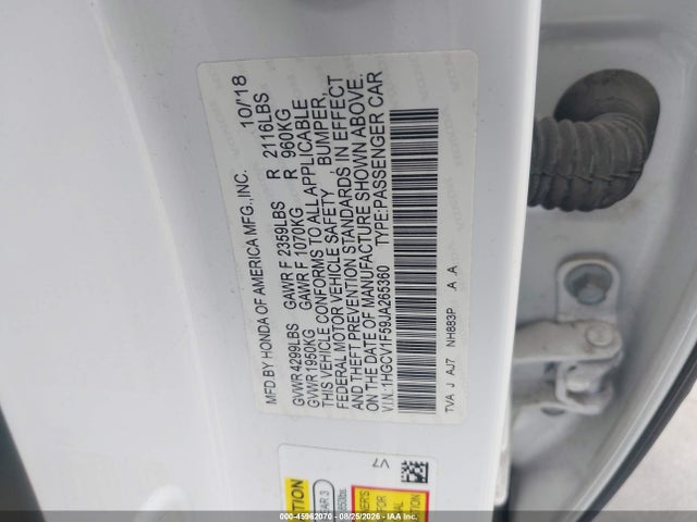 Aukcja sprzedaży 2018 Honda Accord Ex-l, vin: 1HGCV1F59JA265360, numer aukcji: 45962070