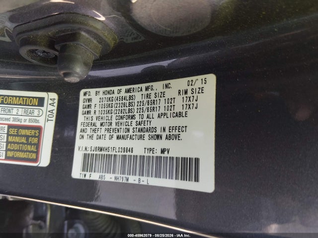 Продажа на аукционе авто 2015 Honda Cr-v Ex, vin: 5J6RM4H51FL039846, номер лота: 45962079