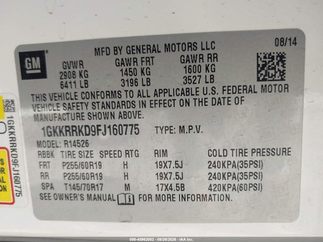 2015 Gmc Acadia Slt-1 მანქანა იყიდება აუქციონზე, vin: 1GKKRRKD9FJ160775, აუქციონის ნომერი: 45962082
