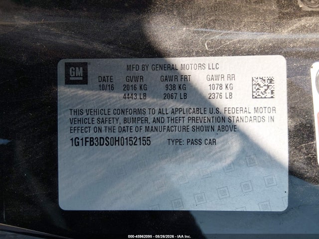 Продажа на аукционе авто 2017 Chevrolet Camaro 1lt, vin: 1G1FB3DS0H0152155, номер лота: 45962095