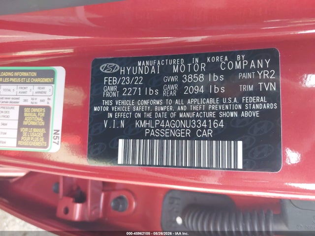 45962105 :رقم المزاد ، KMHLP4AG0NU334164 vin ، 2022 Hyundai Elantra Limited مزاد بيع