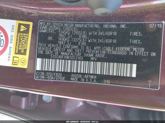 2019 Toyota Highlander Le მანქანა იყიდება აუქციონზე, vin: 5TDZARFH9KS053169, აუქციონის ნომერი: 45962110