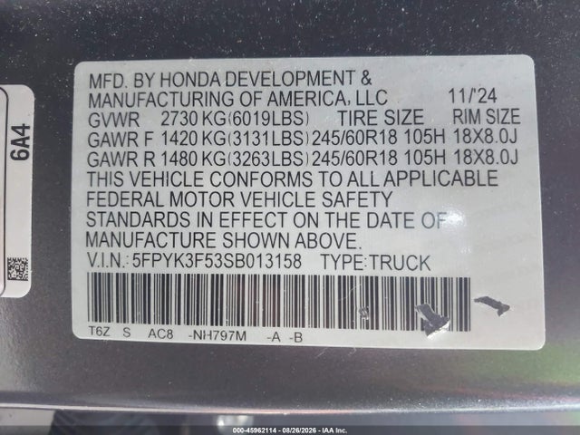 Продажа на аукционе авто 2025 Honda Ridgeline Rtl, vin: 5FPYK3F53SB013158, номер лота: 45962114