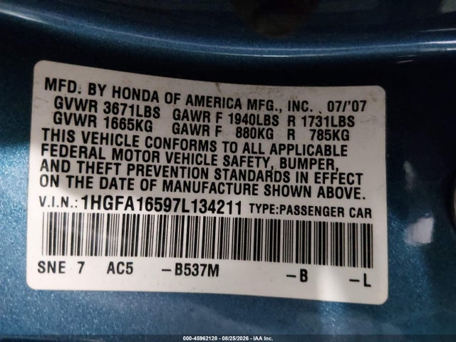 Aukcja sprzedaży 2007 Honda Civic Lx, vin: 1HGFA16597L134211, numer aukcji: 45962128