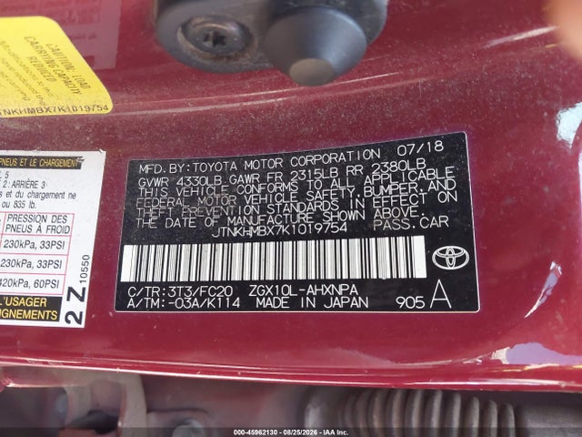 45962130 :رقم المزاد ، JTNKHMBX7K1019754 vin ، 2019 Toyota C-hr Le مزاد بيع
