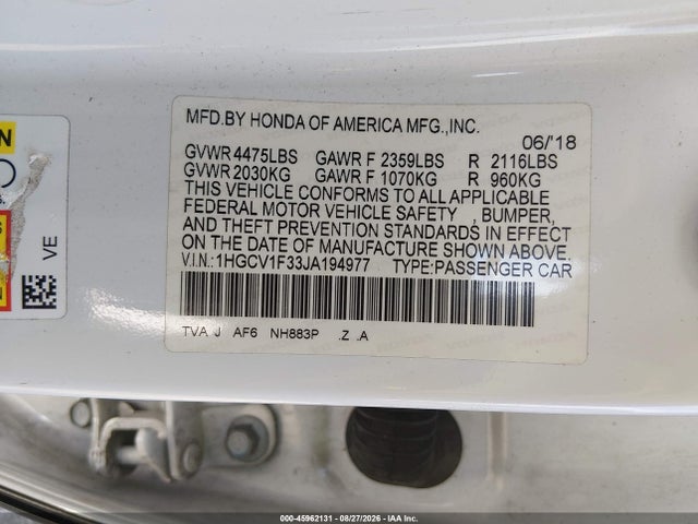 Продаж на аукціоні авто 2018 Honda Accord Sport, vin: 1HGCV1F33JA194977, номер лоту: 45962131