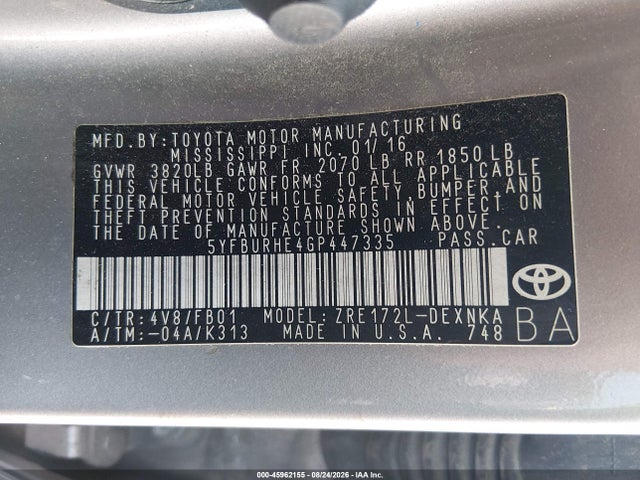 2016 Toyota Corolla Le მანქანა იყიდება აუქციონზე, vin: 5YFBURHE4GP447335, აუქციონის ნომერი: 45962155