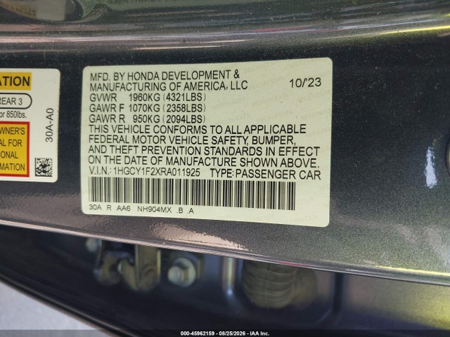 Aukcja sprzedaży 2024 Honda Accord Lx, vin: 1HGCY1F2XRA011925, numer aukcji: 45962159