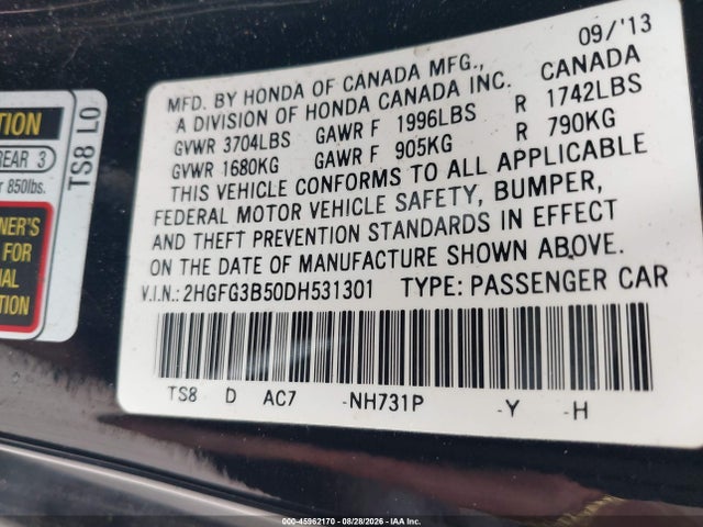 45962170 :رقم المزاد ، 2HGFG3B50DH531301 vin ، 2013 Honda Civic Lx مزاد بيع