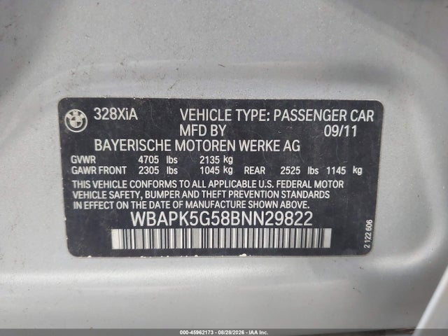 45962173 :رقم المزاد ، WBAPK5G58BNN29822 vin ، 2011 Bmw 328i Xdrive مزاد بيع