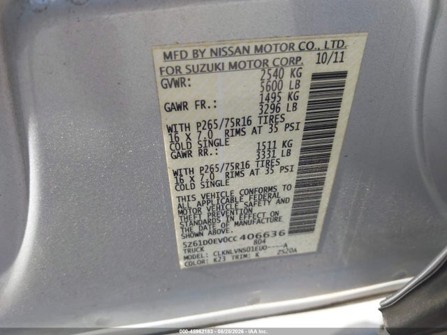 2012 Suzuki Equator Rmz-4 მანქანა იყიდება აუქციონზე, vin: 5Z61D0EV0CC406636, აუქციონის ნომერი: 45962183