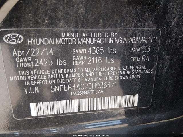 Продажа на аукционе авто 2014 Hyundai Sonata Gls, vin: 5NPEB4AC2EH936471, номер лота: 45962197