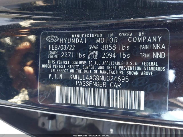 45962198 :رقم المزاد ، KMHLL4AG9NU324695 vin ، 2022 Hyundai Elantra Se مزاد بيع