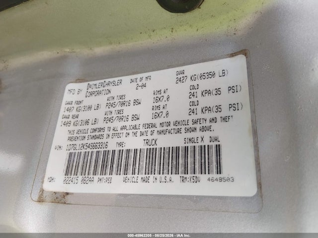 Продаж на аукціоні авто 2004 Dodge Dakota, vin: 1D7GL12K54S663316, номер лоту: 45962205