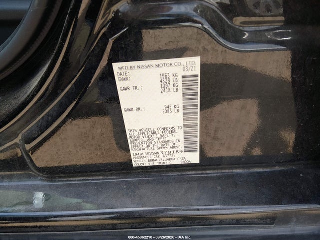 45962210 :رقم المزاد ، 1N4BL4EV5MN370189 vin ، 2021 Nissan Altima Sl Fwd مزاد بيع