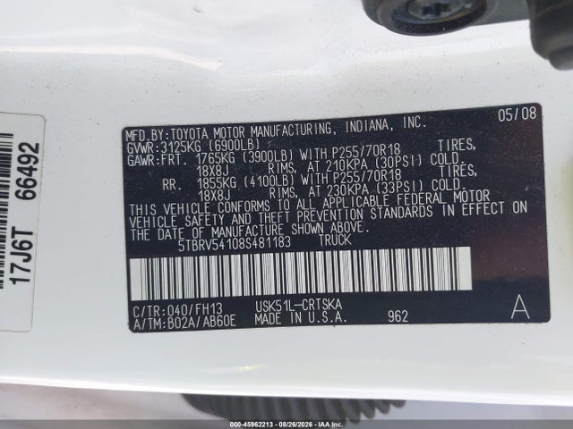 2008 Toyota Tundra Base 5.7l V8 მანქანა იყიდება აუქციონზე, vin: 5TBRV54108S481183, აუქციონის ნომერი: 45962213