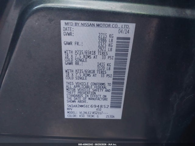 Aukcja sprzedaży 2014 Nissan Pathfinder Sv, vin: 5N1AR2MM5EC694852, numer aukcji: 45962242